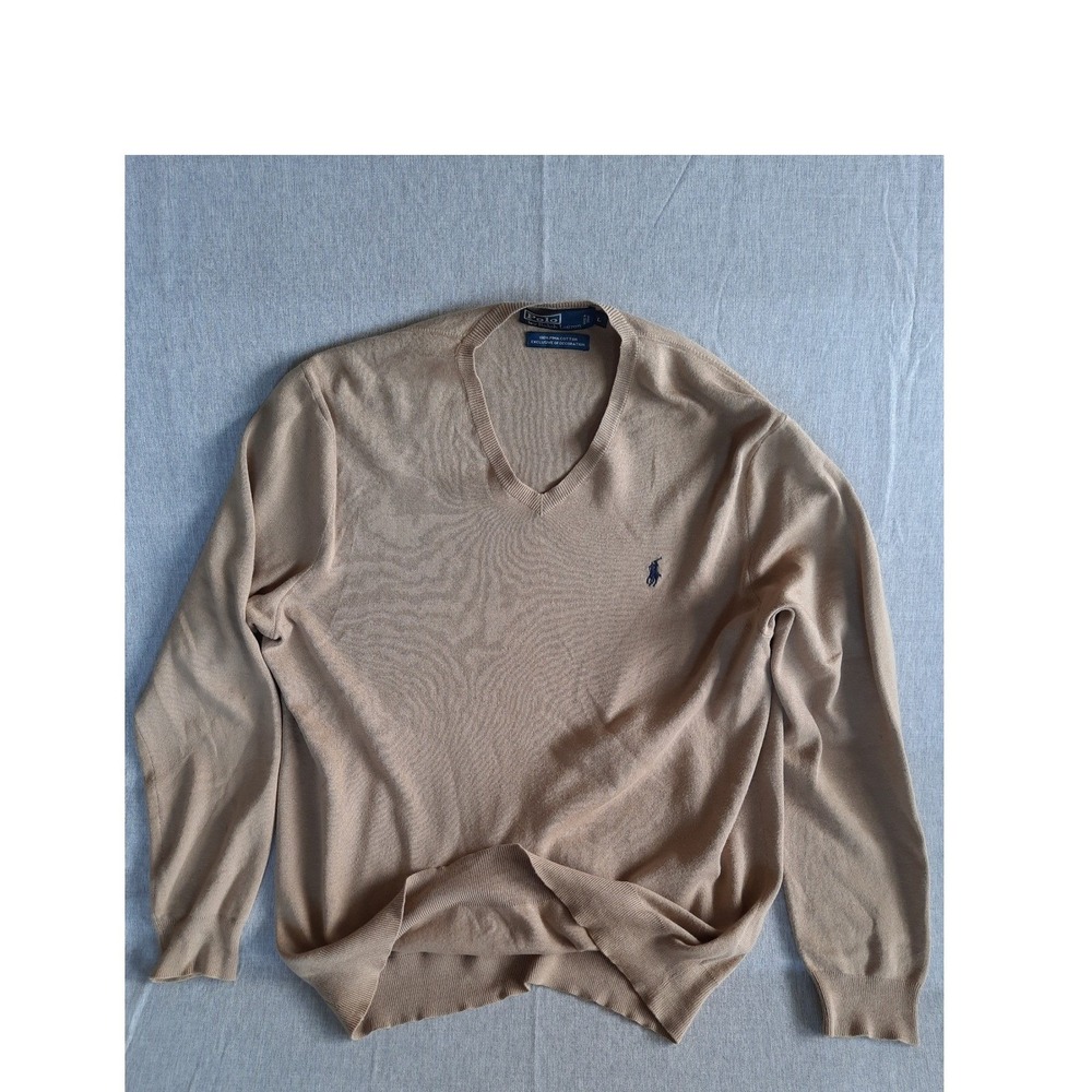 Polo Ralph Lauren Mens Large Pony Pullover V-Neck Knit Sweater Pima Cotton Choco